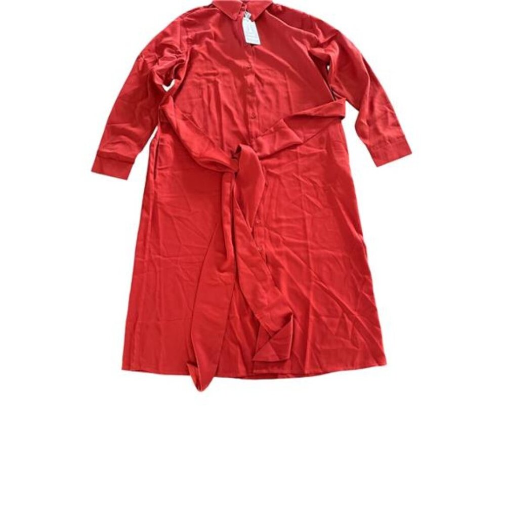 NEW- Orange V-Neck Tie Waist Pocket Button Dress- Women's S